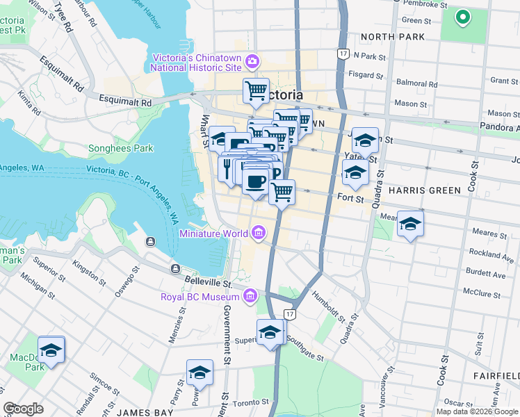 map of restaurants, bars, coffee shops, grocery stores, and more near 530 Fort Street in Victoria