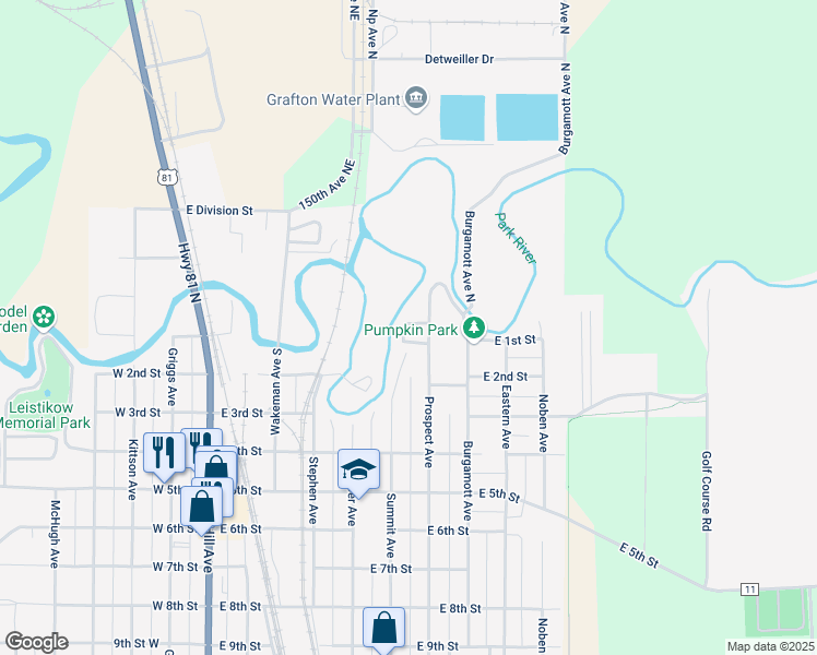 map of restaurants, bars, coffee shops, grocery stores, and more near 305 Elm Drive in Grafton