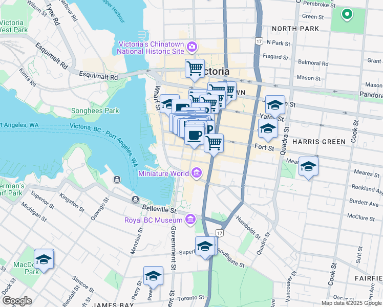 map of restaurants, bars, coffee shops, grocery stores, and more near 530 Fort Street in Victoria