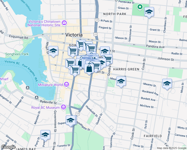 map of restaurants, bars, coffee shops, grocery stores, and more near 1011 Blanshard Street in Victoria