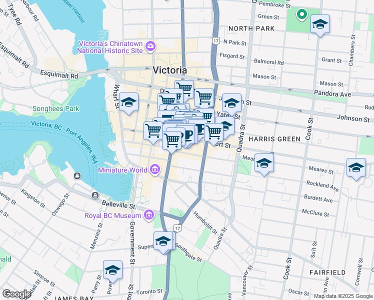 map of restaurants, bars, coffee shops, grocery stores, and more near 732 Broughton Street in Victoria
