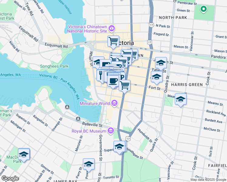 map of restaurants, bars, coffee shops, grocery stores, and more near 915 Gordon Street in Victoria
