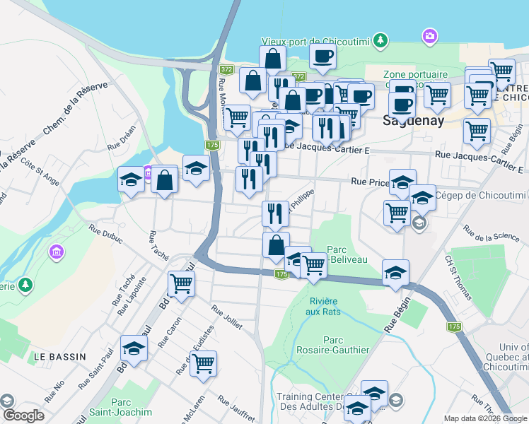 map of restaurants, bars, coffee shops, grocery stores, and more near 8 Rue Bossé in Saguenay