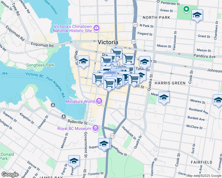 map of restaurants, bars, coffee shops, grocery stores, and more near in Victoria