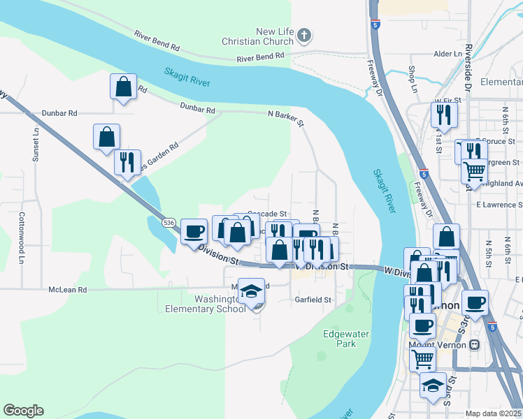 map of restaurants, bars, coffee shops, grocery stores, and more near 18423 Cascade Street in Mount Vernon