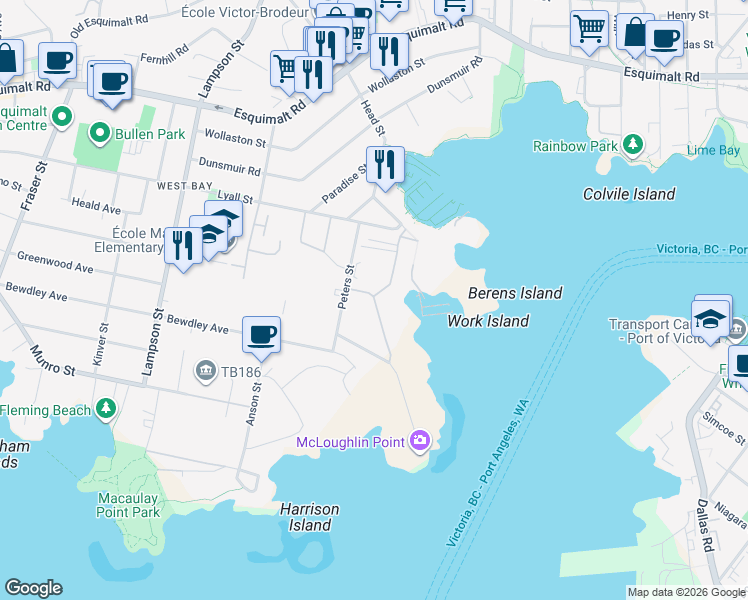 map of restaurants, bars, coffee shops, grocery stores, and more near 1180 Victoria View Road in Victoria