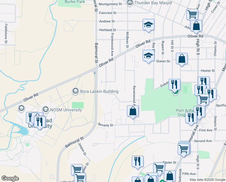 map of restaurants, bars, coffee shops, grocery stores, and more near 154 Academy Drive in Thunder Bay