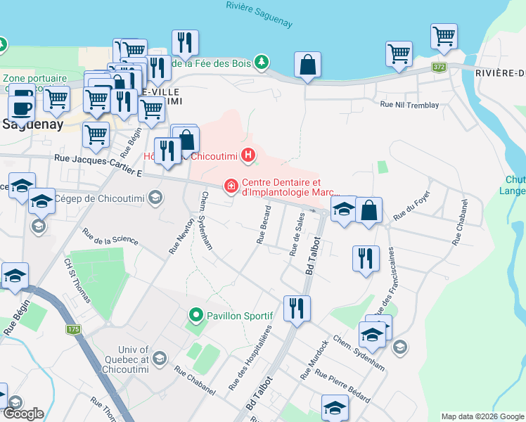map of restaurants, bars, coffee shops, grocery stores, and more near 414 Rue Becard in Saguenay