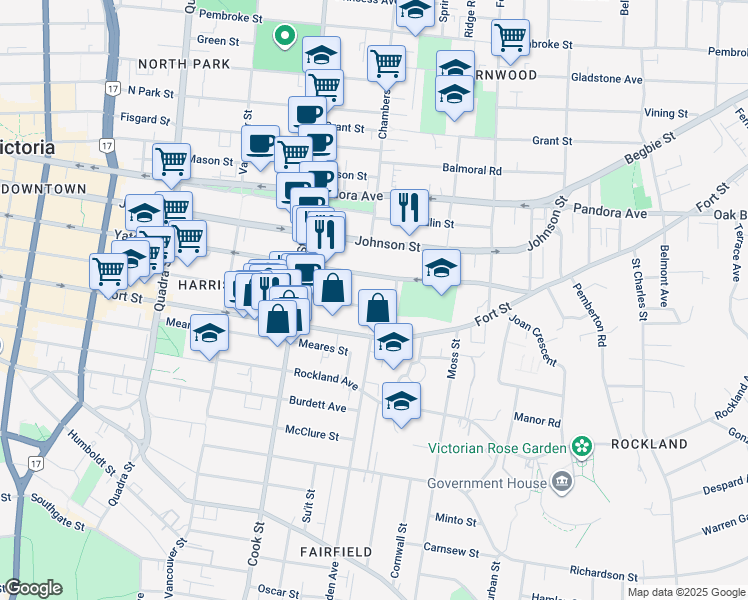 map of restaurants, bars, coffee shops, grocery stores, and more near 1180 View Street in Victoria