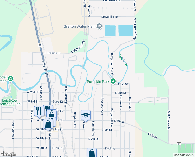 map of restaurants, bars, coffee shops, grocery stores, and more near 305 Elm Drive in Grafton
