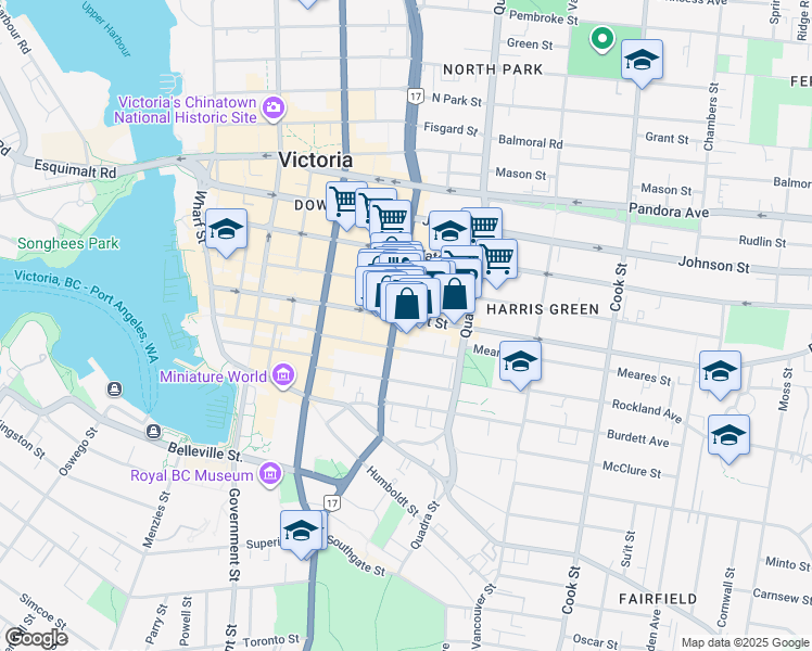 map of restaurants, bars, coffee shops, grocery stores, and more near in Victoria