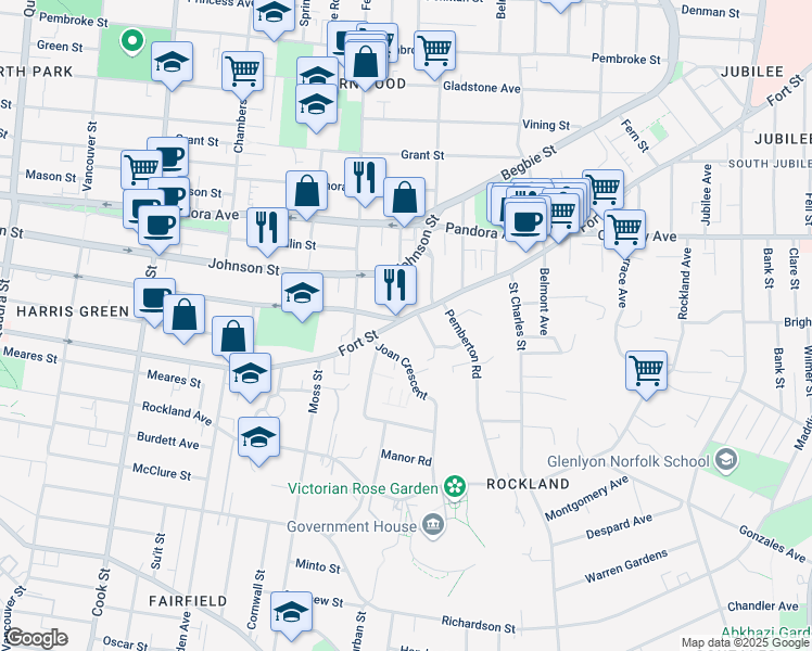 map of restaurants, bars, coffee shops, grocery stores, and more near 1321 Yates Street in Victoria