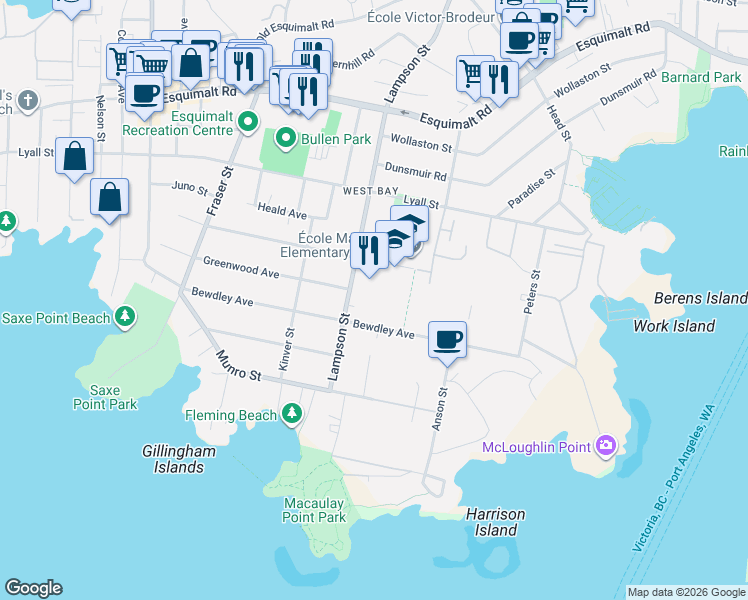 map of restaurants, bars, coffee shops, grocery stores, and more near 429 Lampson Street in Victoria