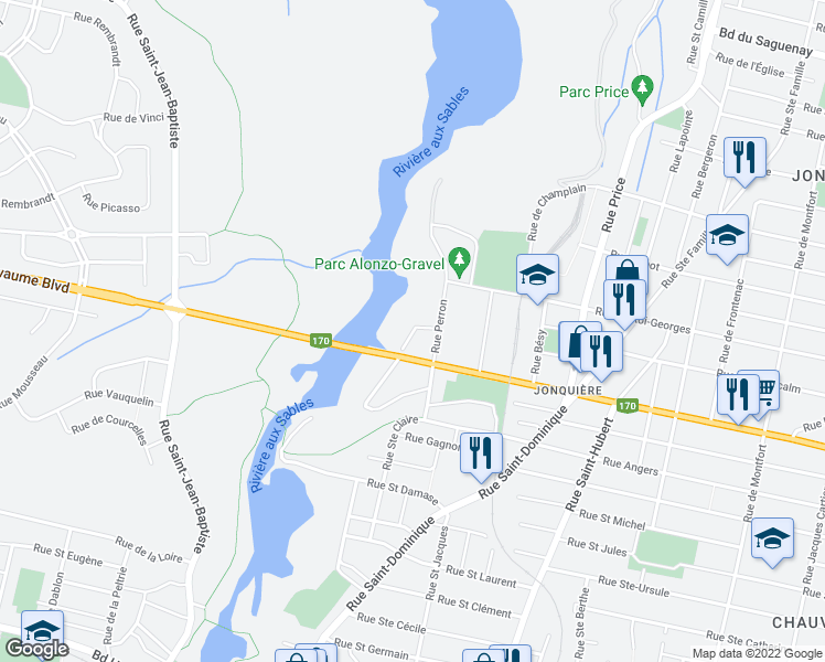map of restaurants, bars, coffee shops, grocery stores, and more near Rue Fluhman in Saguenay