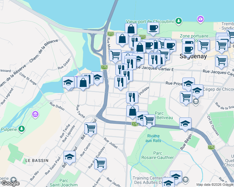 map of restaurants, bars, coffee shops, grocery stores, and more near 61 Rue Bossé in Saguenay