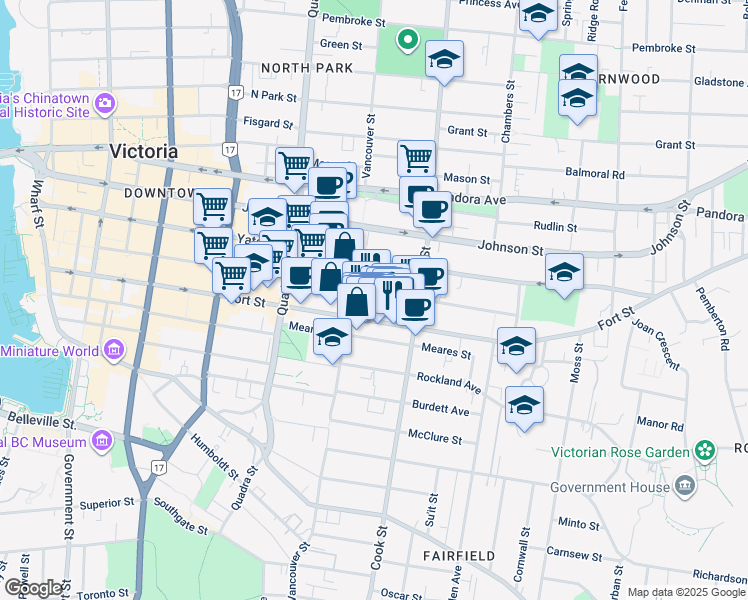 map of restaurants, bars, coffee shops, grocery stores, and more near 1010 View Street in Victoria