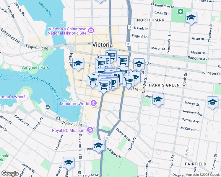 map of restaurants, bars, coffee shops, grocery stores, and more near in Victoria