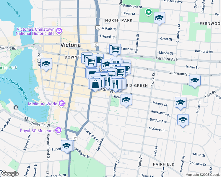 map of restaurants, bars, coffee shops, grocery stores, and more near in Victoria