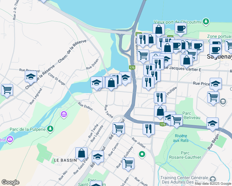 map of restaurants, bars, coffee shops, grocery stores, and more near 178 Rue Bossé in Saguenay