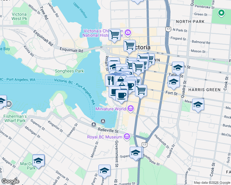map of restaurants, bars, coffee shops, grocery stores, and more near in Victoria