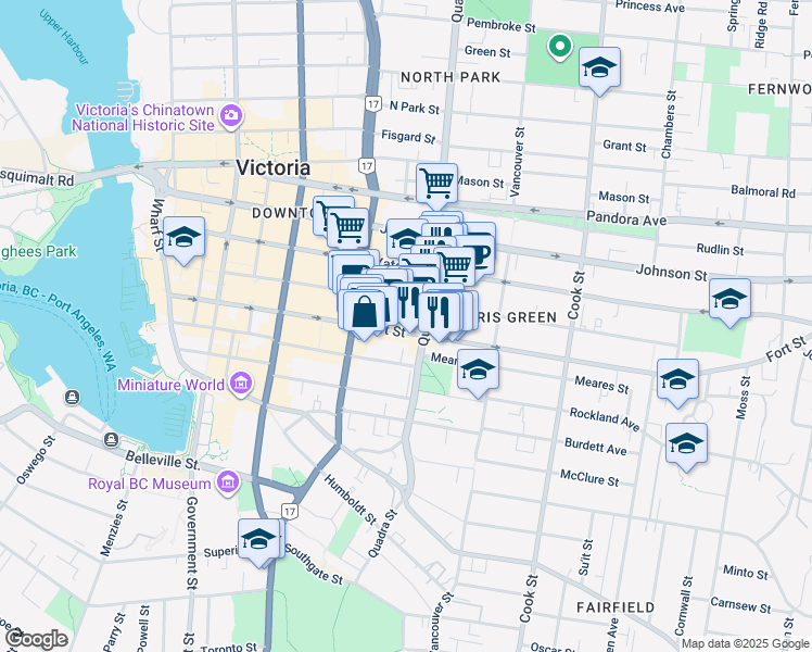 map of restaurants, bars, coffee shops, grocery stores, and more near 888 Fort Street in Victoria