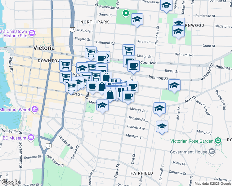 map of restaurants, bars, coffee shops, grocery stores, and more near in Victoria