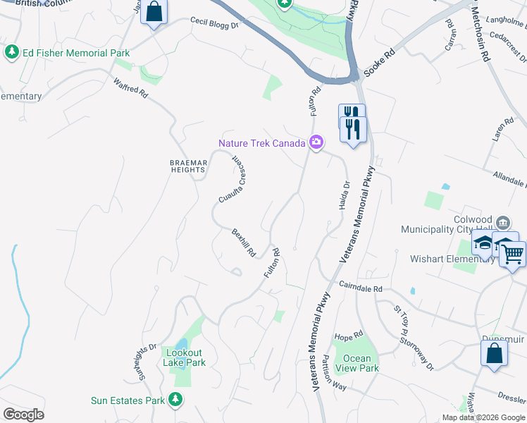 map of restaurants, bars, coffee shops, grocery stores, and more near 3341 Betula Place in Victoria