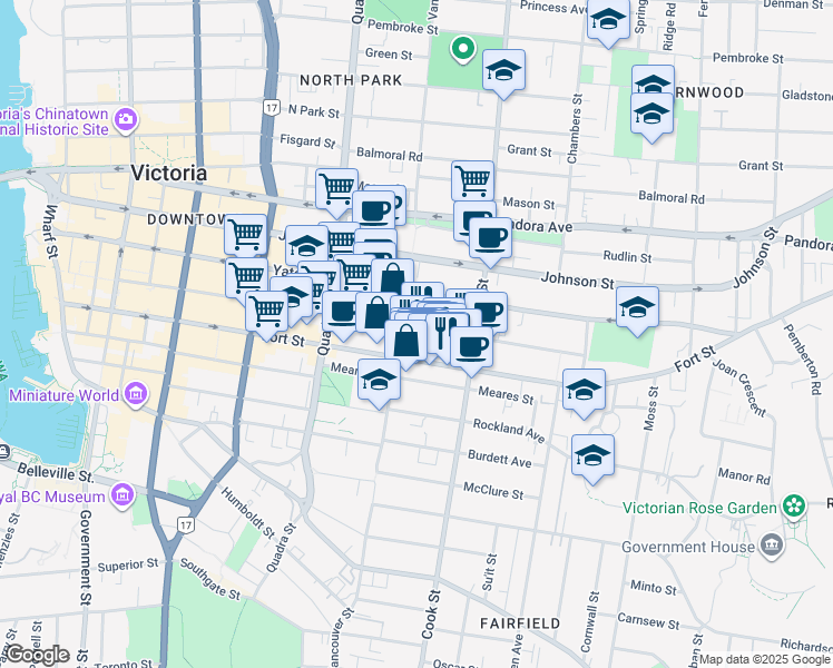 map of restaurants, bars, coffee shops, grocery stores, and more near in Victoria