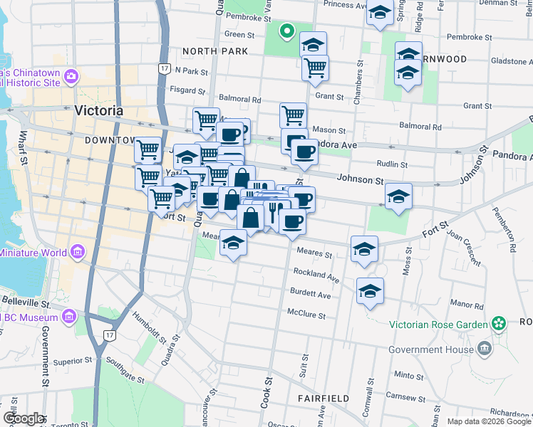 map of restaurants, bars, coffee shops, grocery stores, and more near in Victoria