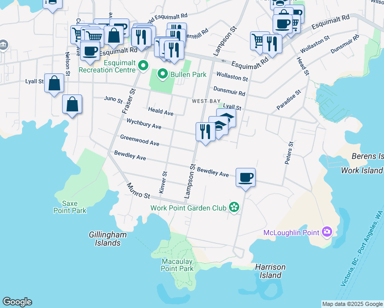 map of restaurants, bars, coffee shops, grocery stores, and more near 422 Lampson Street in Victoria