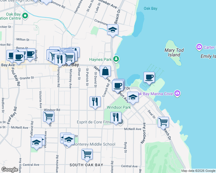 map of restaurants, bars, coffee shops, grocery stores, and more near 1327 Transit Road in Victoria