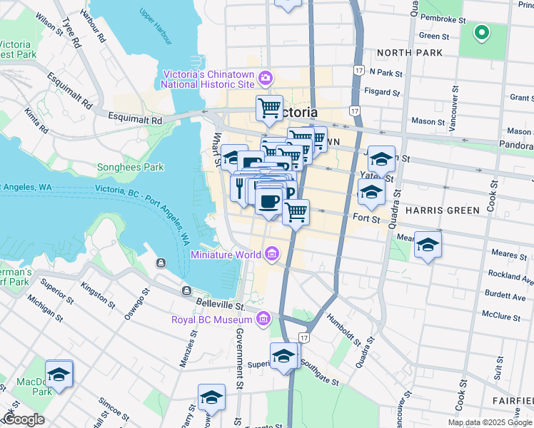 map of restaurants, bars, coffee shops, grocery stores, and more near 608 Broughton Street in Victoria