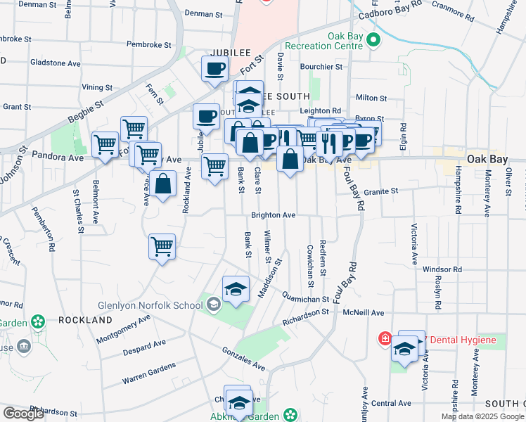 map of restaurants, bars, coffee shops, grocery stores, and more near 1005 Clare Street in Victoria