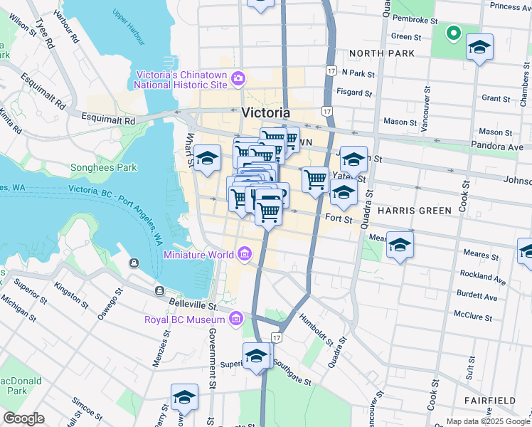 map of restaurants, bars, coffee shops, grocery stores, and more near 1070 Douglas Street in Victoria