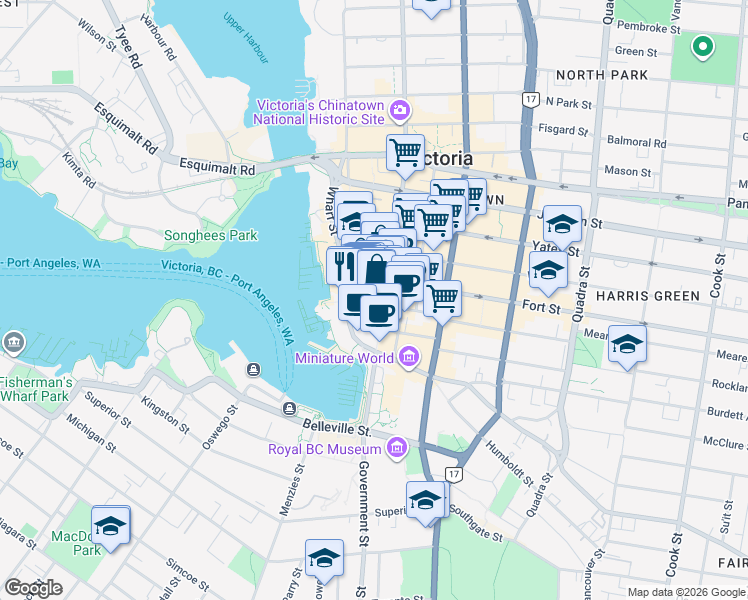 map of restaurants, bars, coffee shops, grocery stores, and more near in Victoria