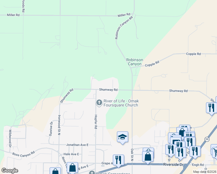 map of restaurants, bars, coffee shops, grocery stores, and more near 71 Shumway Road in Omak
