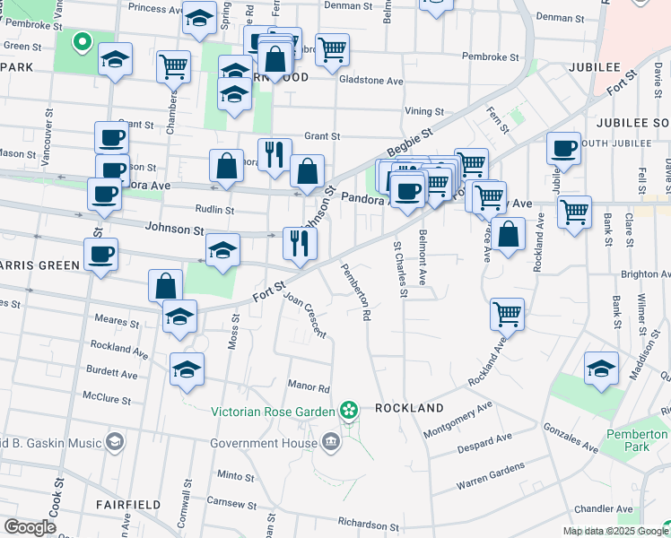 map of restaurants, bars, coffee shops, grocery stores, and more near 1050 Pemberton Road in Victoria