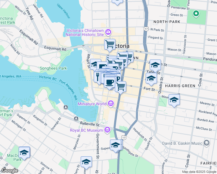 map of restaurants, bars, coffee shops, grocery stores, and more near 530 Fort Street in Victoria