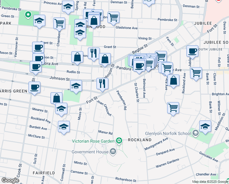 map of restaurants, bars, coffee shops, grocery stores, and more near 1050 Pemberton Road in Victoria