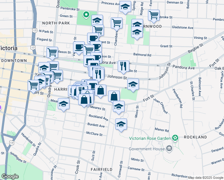 map of restaurants, bars, coffee shops, grocery stores, and more near 1165 Yates Street in Victoria
