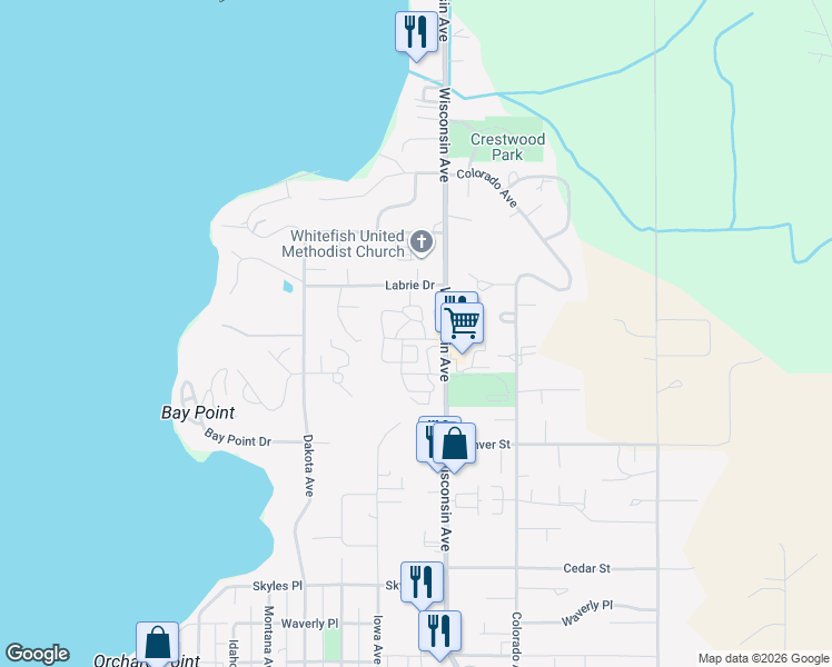 map of restaurants, bars, coffee shops, grocery stores, and more near 902 Wisconsin Avenue in Whitefish
