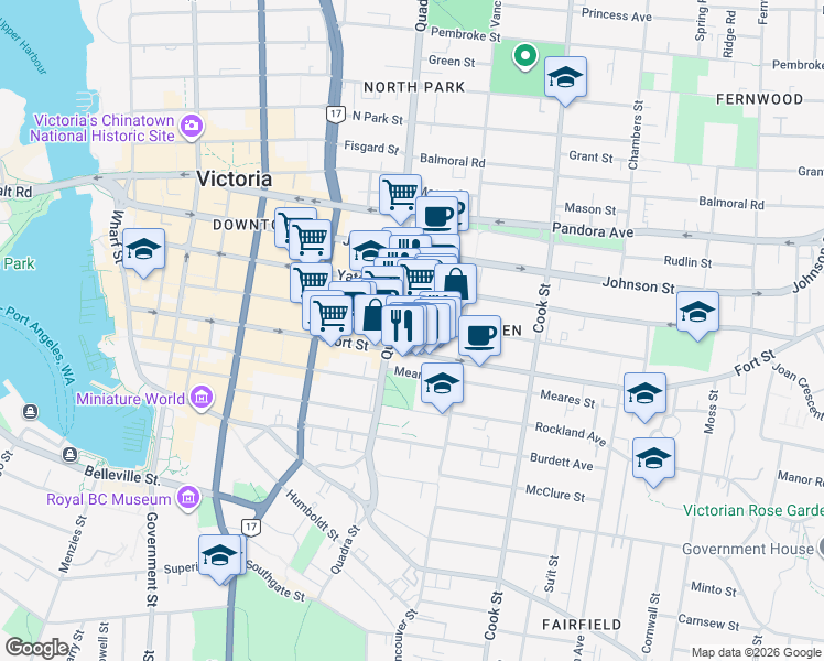map of restaurants, bars, coffee shops, grocery stores, and more near 1147 Quadra Street in Victoria