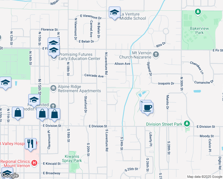 map of restaurants, bars, coffee shops, grocery stores, and more near 428 North Laventure Road in Mount Vernon