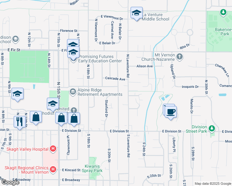 map of restaurants, bars, coffee shops, grocery stores, and more near 430 North 21st Street in Mount Vernon