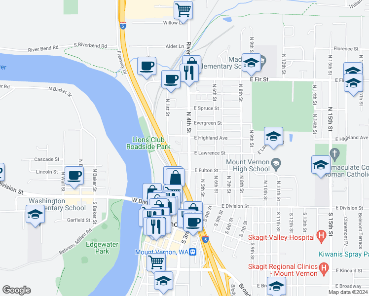 map of restaurants, bars, coffee shops, grocery stores, and more near 409 North 4th Street in Mount Vernon