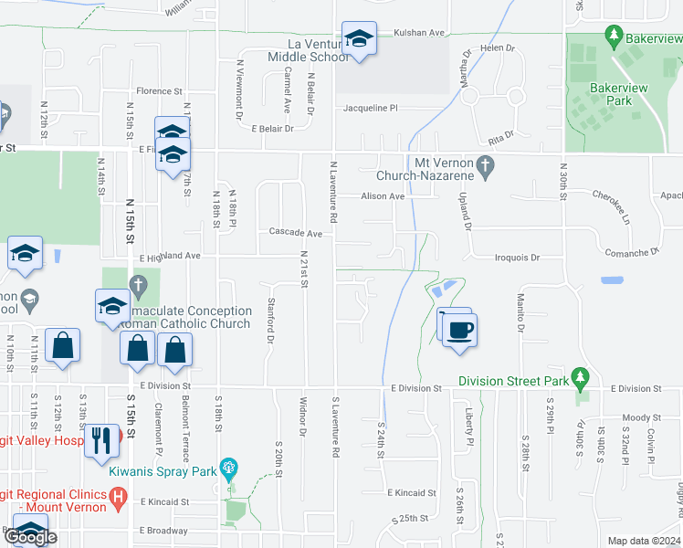 map of restaurants, bars, coffee shops, grocery stores, and more near 428 North Laventure Road in Mount Vernon
