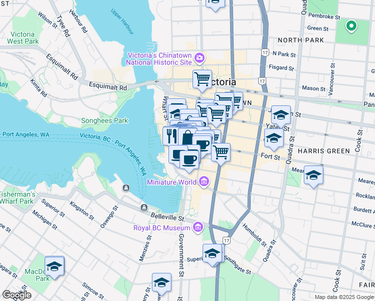map of restaurants, bars, coffee shops, grocery stores, and more near in Victoria