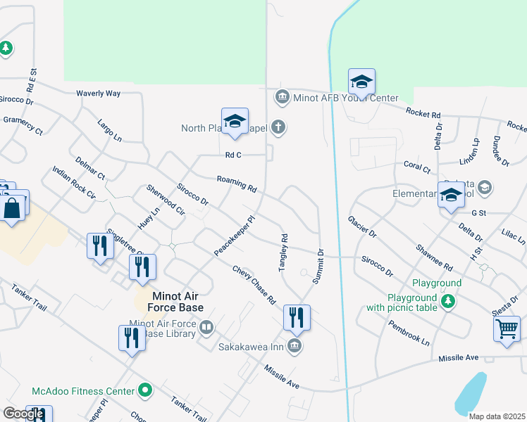 map of restaurants, bars, coffee shops, grocery stores, and more near 101 Tangley Road in Minot Air Force Base