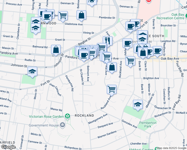 map of restaurants, bars, coffee shops, grocery stores, and more near 1027 Belmont Avenue in Victoria
