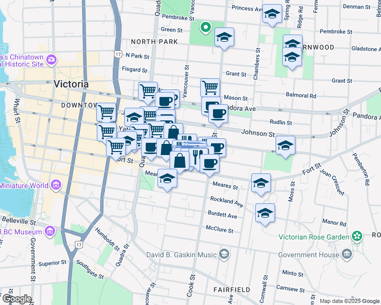 map of restaurants, bars, coffee shops, grocery stores, and more near 1010 View Street in Victoria